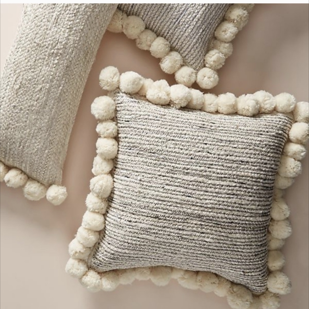 Anthropologie Pommed Jute/Wool Pillow Cover Natural Cream Zip Back